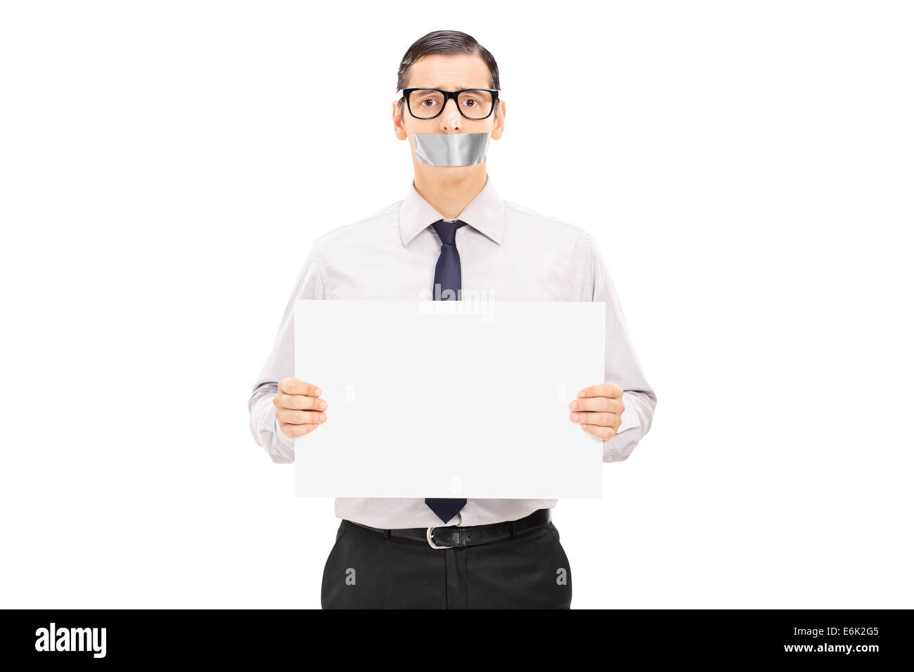 Male hostage holding a blank banner isolated on white background Stock ...