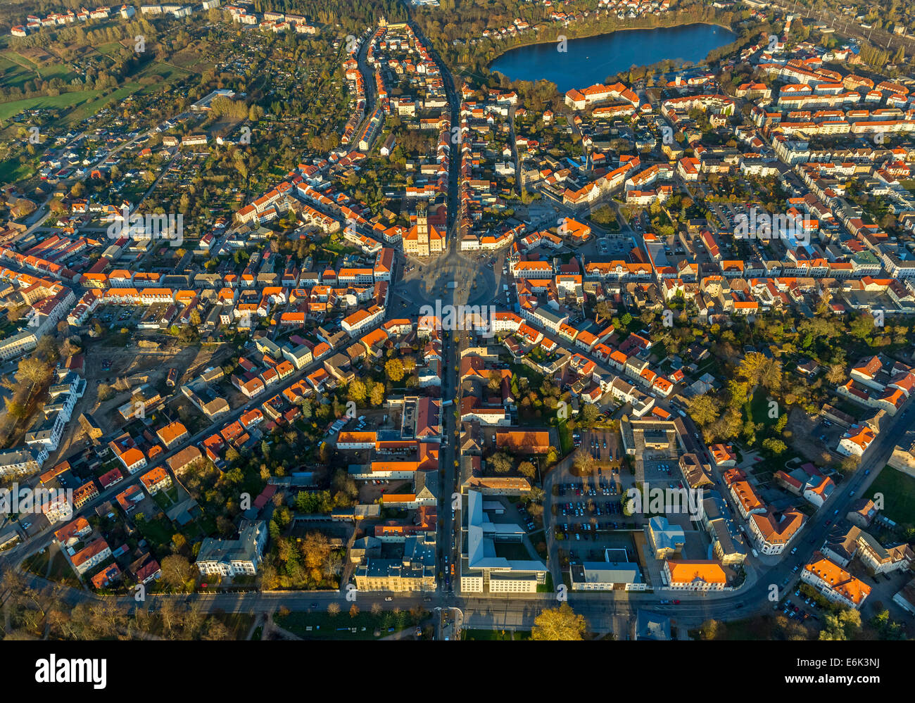 Aerial view, market square with eight axis and roundabout, City Hall and City Church, Neustrelitz, Mecklenburg-Western Pomerania Stock Photo