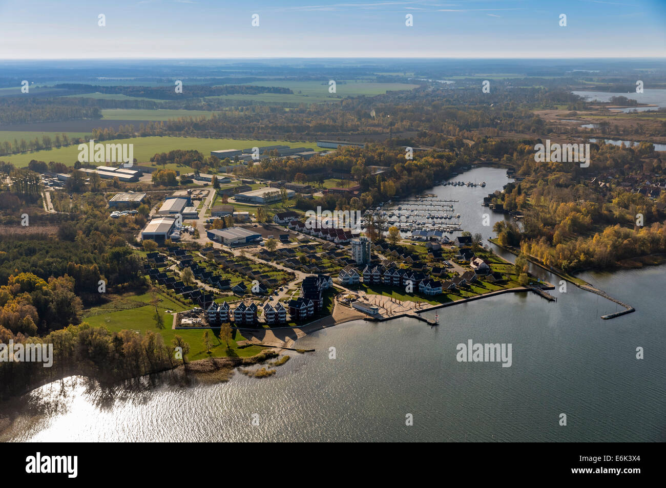 Aerial view, Rechlin-Nord with harbor village and marina, branch canal to Claassee Lake, Mecklenburg Lake District, Rechlin Stock Photo