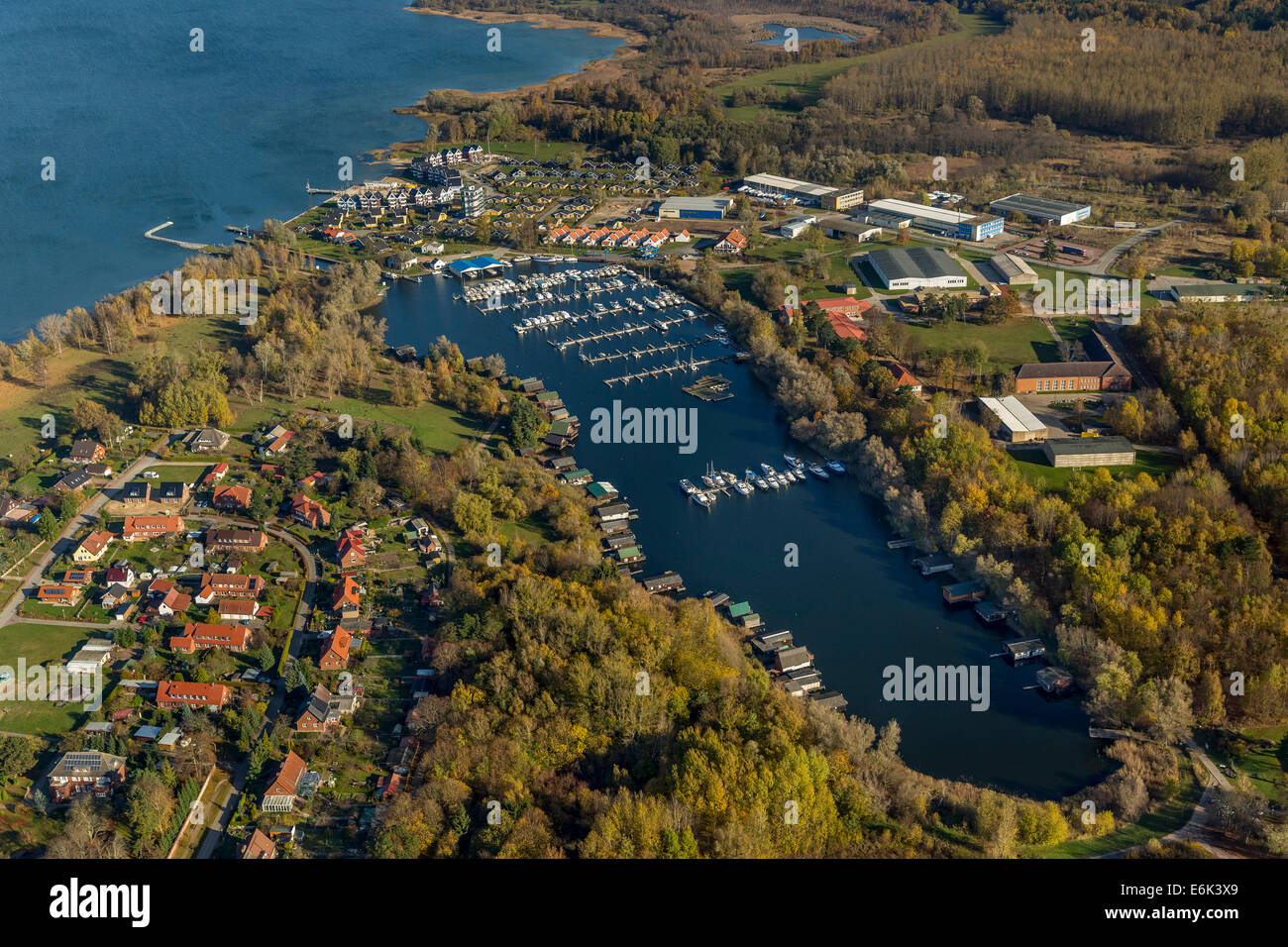Aerial view, Rechlin-Nord with harbor village and marina, branch canal to Claassee Lake, Mecklenburg Lake District, Rechlin Stock Photo