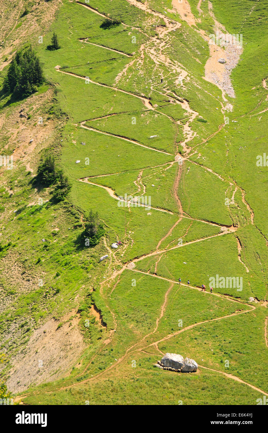 Trail zigzags to the Dent de Crolles mountain, Chartreuse Mountains, Département Isère, Rhône-Alpes region, France Stock Photo