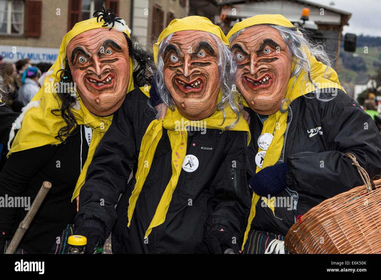 Three Wegere witches, at the 37th Motteri carnival parade Malters, Lucerne, Canton of Lucerne, Switzerland Stock Photo