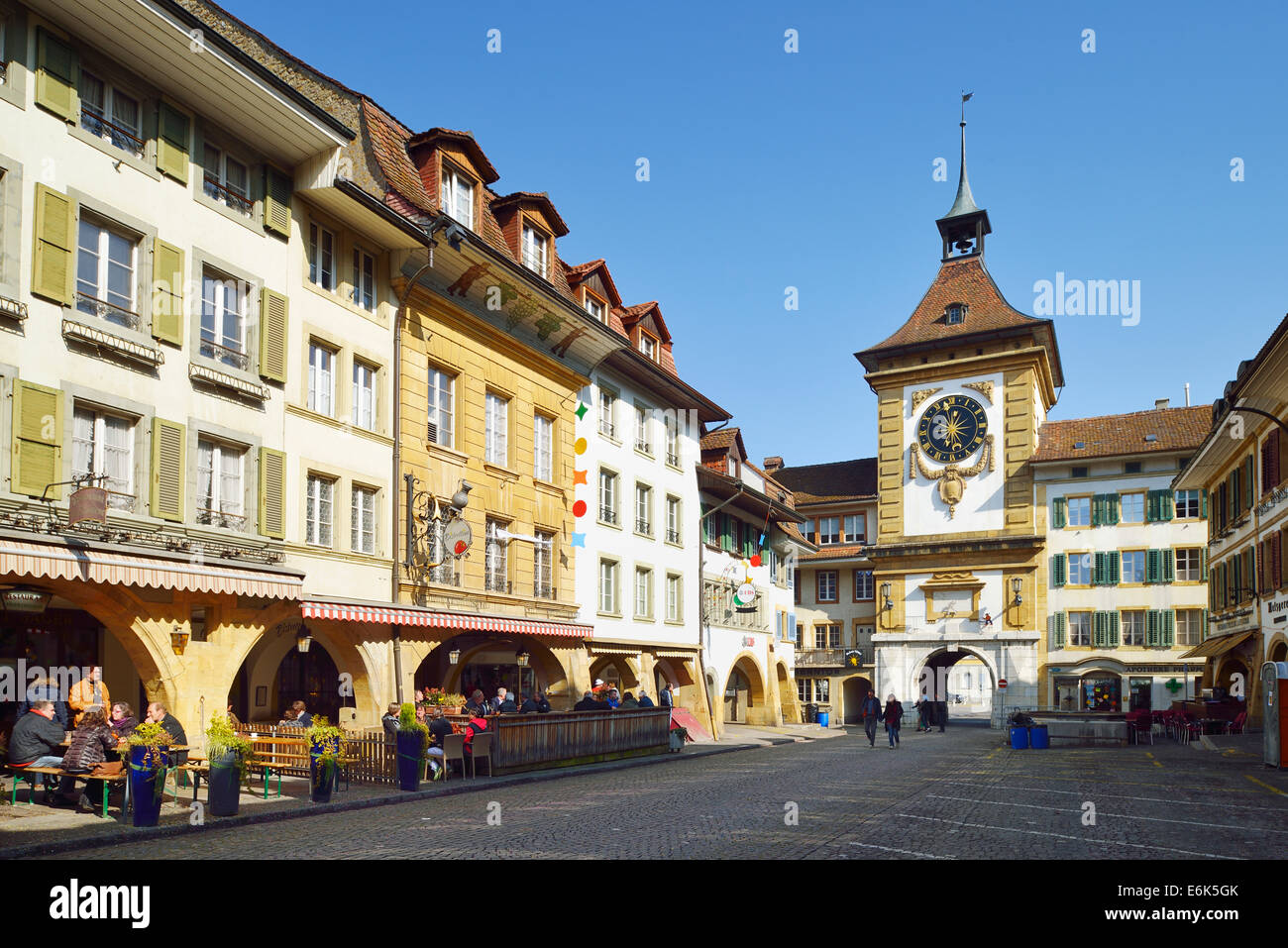 Main street and Berntor tower gate, Murten, Canton of Fribourg, Switzerland Stock Photo