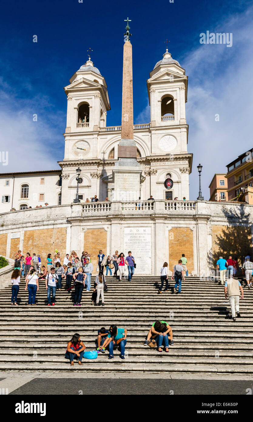 Spanish Steps or Scalinata della Trinità dei Monti, Trinita dei Monti Church and Obelisco Sallustiano, Rome, Lazio, Italy Stock Photo