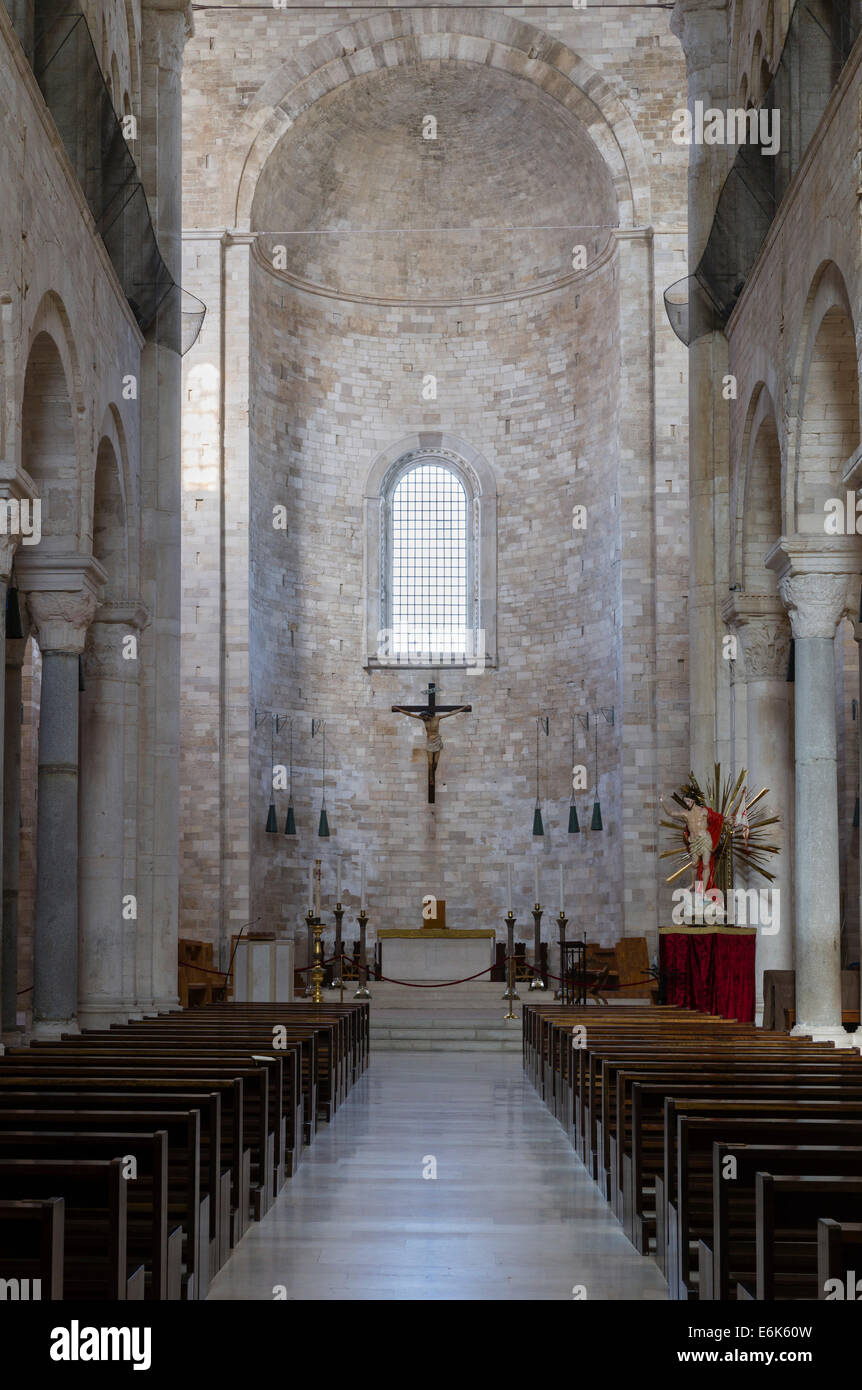 Nave of the upper church with transept and apse, Romanesque-style Norman Church, cathedral by the sea, Trani Cathedral, Stock Photo