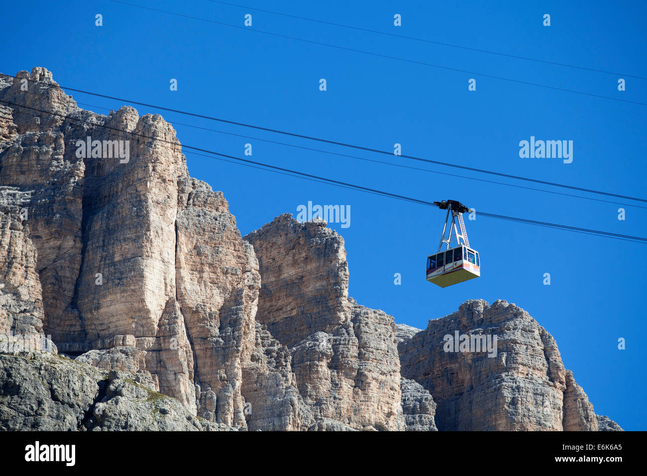 Cable car on Sass Pordoi Mountain, summit of Pordoi Pass, Sella Group, Dolomites, Trentino province, Italy Stock Photo