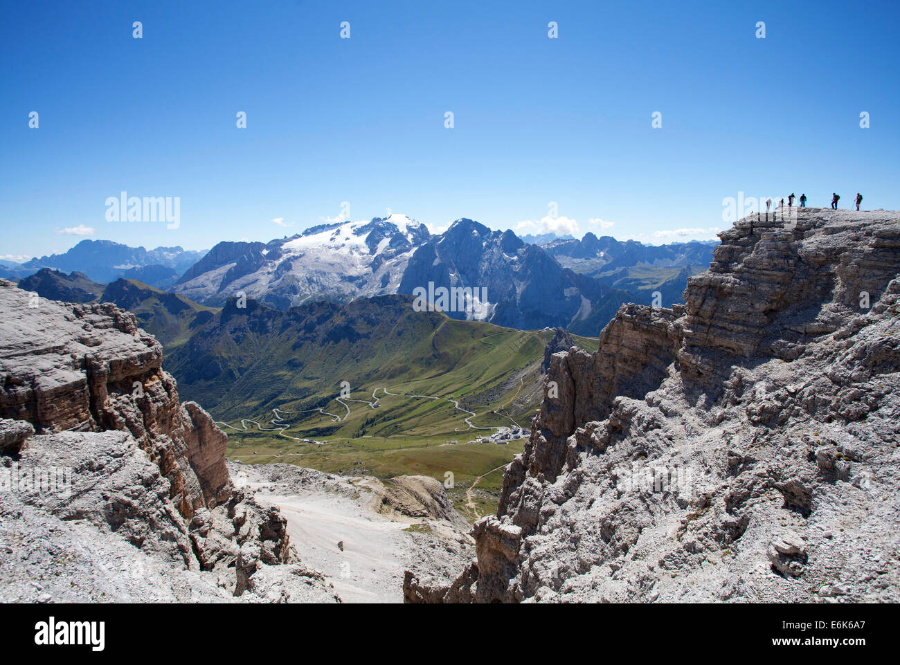 View towards Marmolada Glacier, Sass Pordoi Mountain, summit of Pordoi Pass, Sella Group, Dolomites, Trentino province, Italy Stock Photo