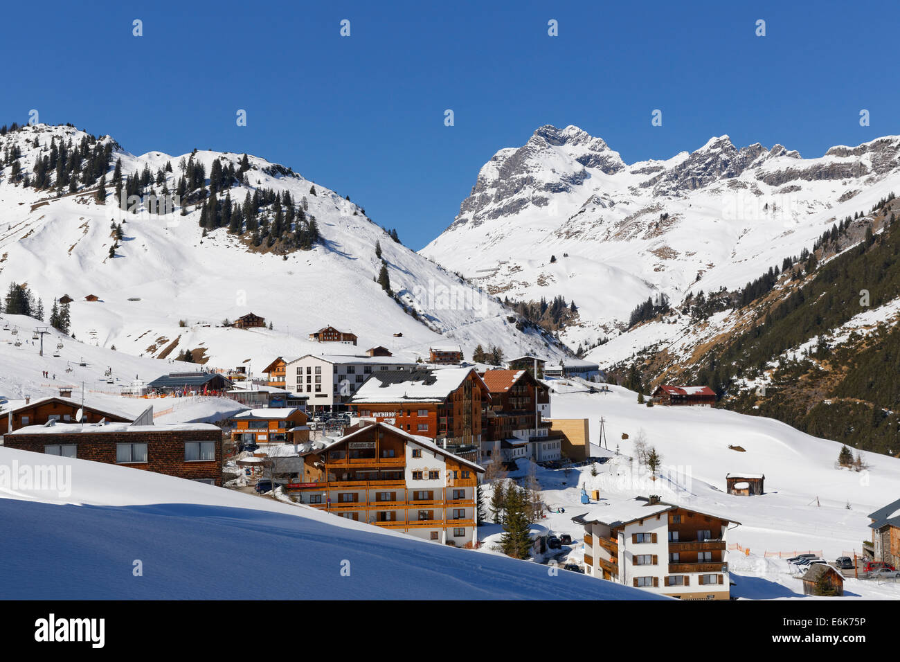 View of the village of Warth with Mt Widderstein, Bregenz Forest, Vorarlberg, Austria Stock Photo