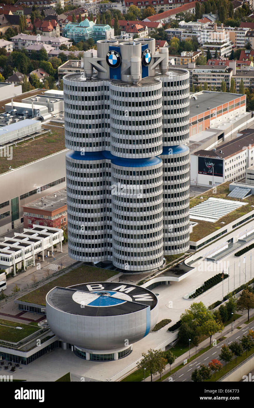 Aerial view, BMW Headquarters or BMW four-cylinder, Munich, Upper Bavaria, Bavaria, Germany Stock Photo
