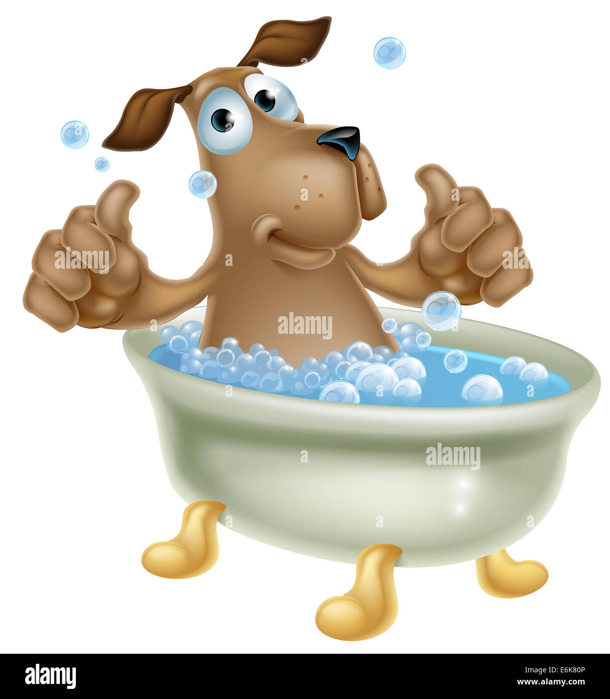 An illustration of a cute cartoon dog mascot character having a bath with lots of bubbles and doing a double thumbs up Stock Photo