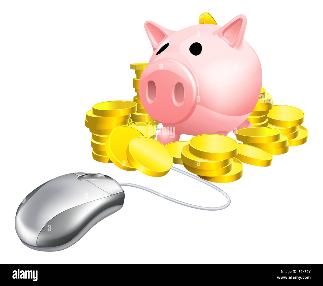 Mouse Piggy bank concept of a computer mouse connected to piggy bank with gold coins. Concept for internet banking or similar Stock Photo