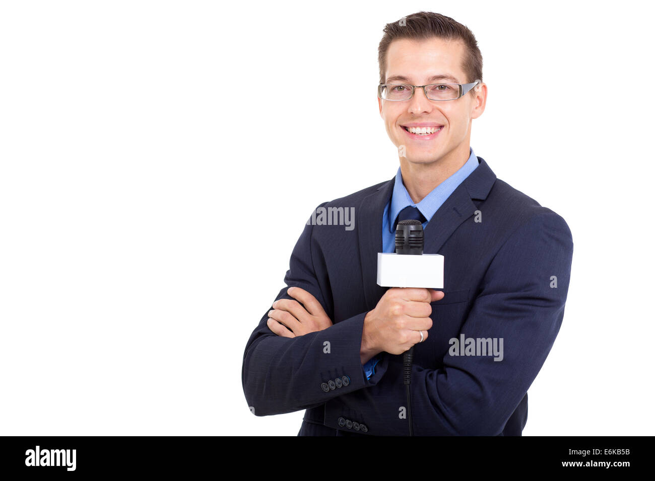 young news reporter in live broadcasting on white background Stock Photo