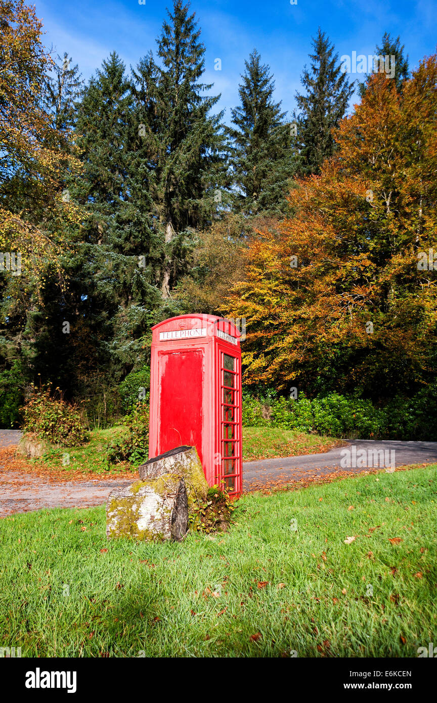 A red telephone box in the woods at the entrance to Ardgartan campsite