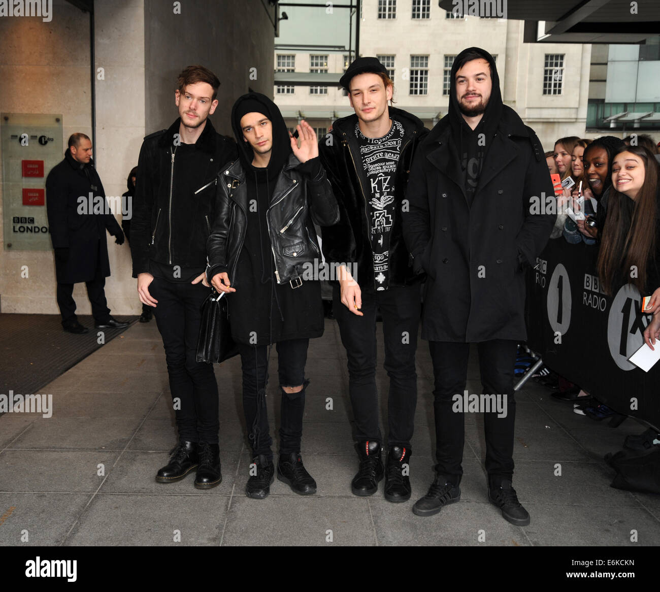 Celebrities at the BBC Radio 1 studios Featuring: The 1975,Matthew  Healy,Adam Hann,George Daniel,Ross MacDonald Where: London, United Kingdom  When: 18 Feb 2014 Stock Photo - Alamy