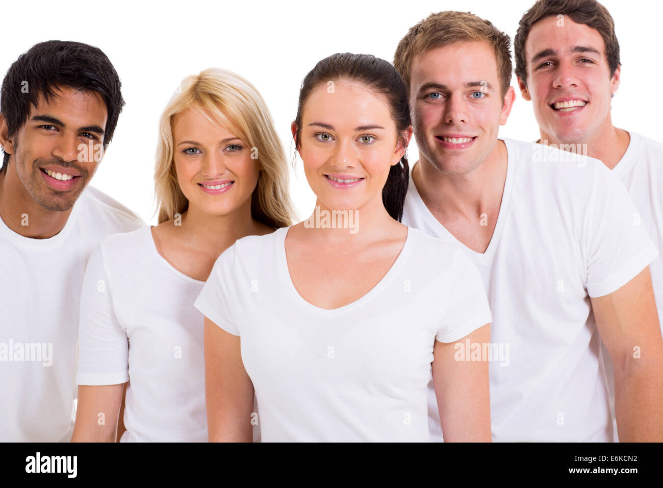 group of friends wearing white t-shirts on white background Stock Photo