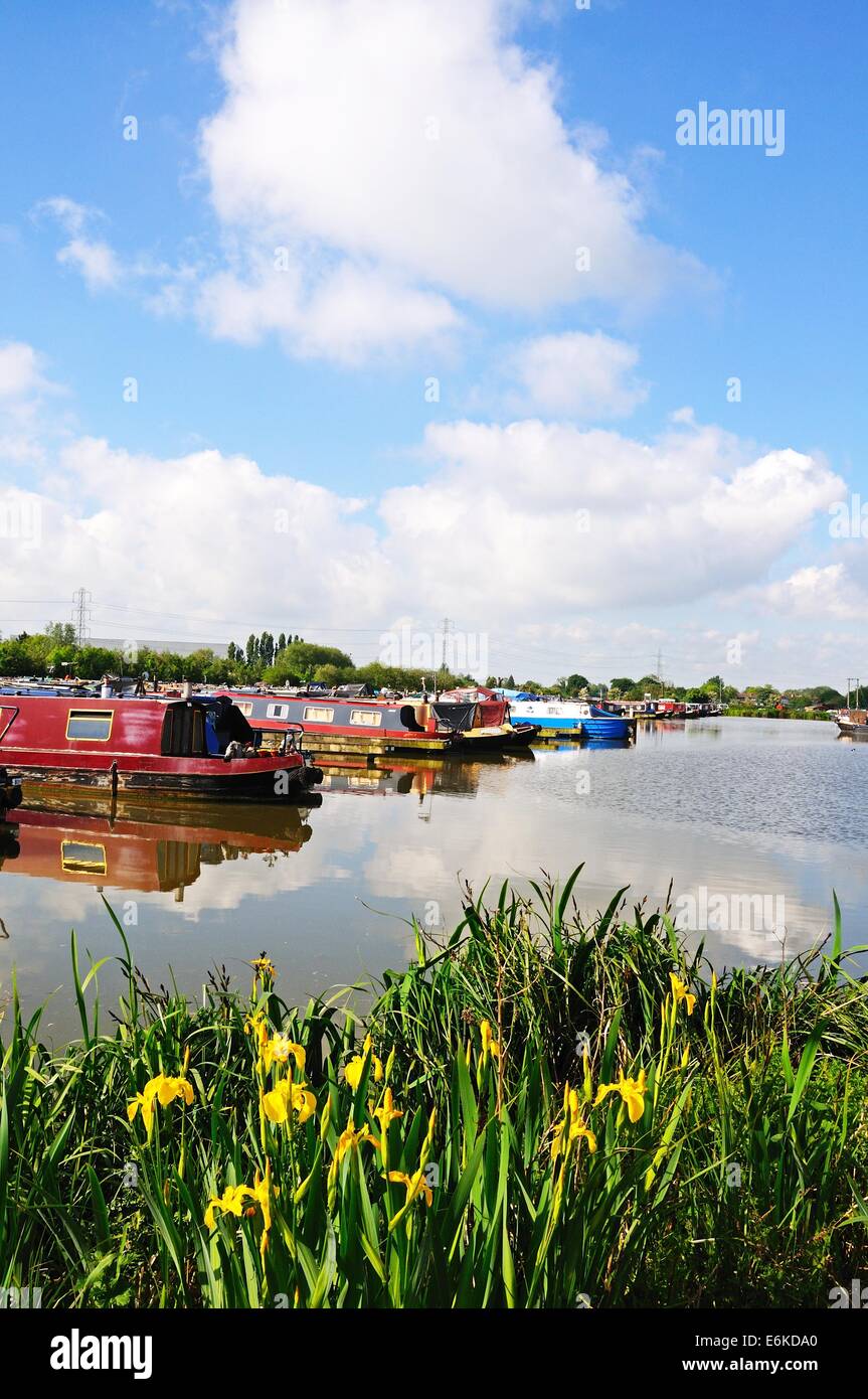 Narrowboats on their moorings in the canal basin, Barton Marina, Barton