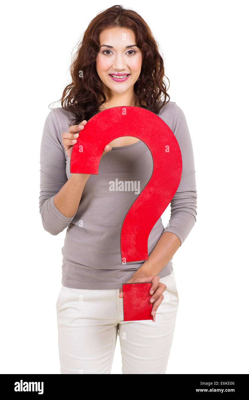 attractive young woman holding big red question mark sign Stock Photo