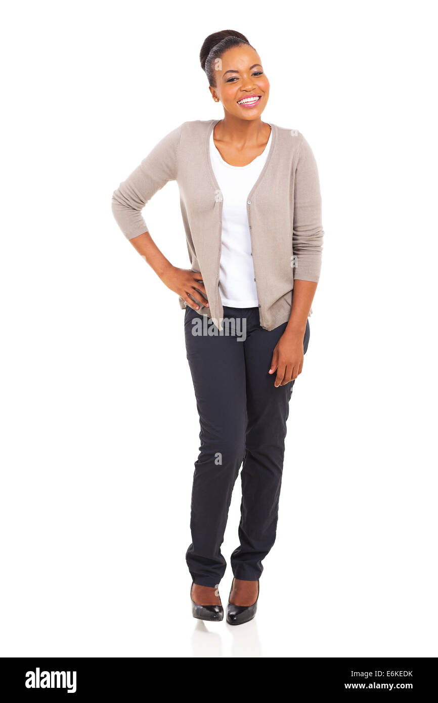 pretty black woman standing on white background Stock Photo