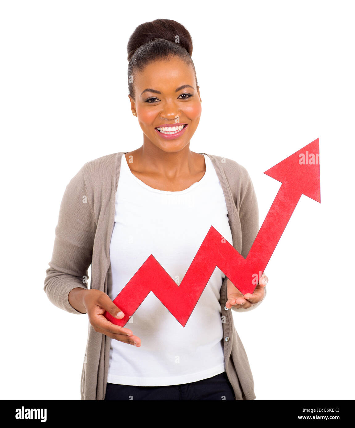 happy African woman with red growth arrow pointing up Stock Photo