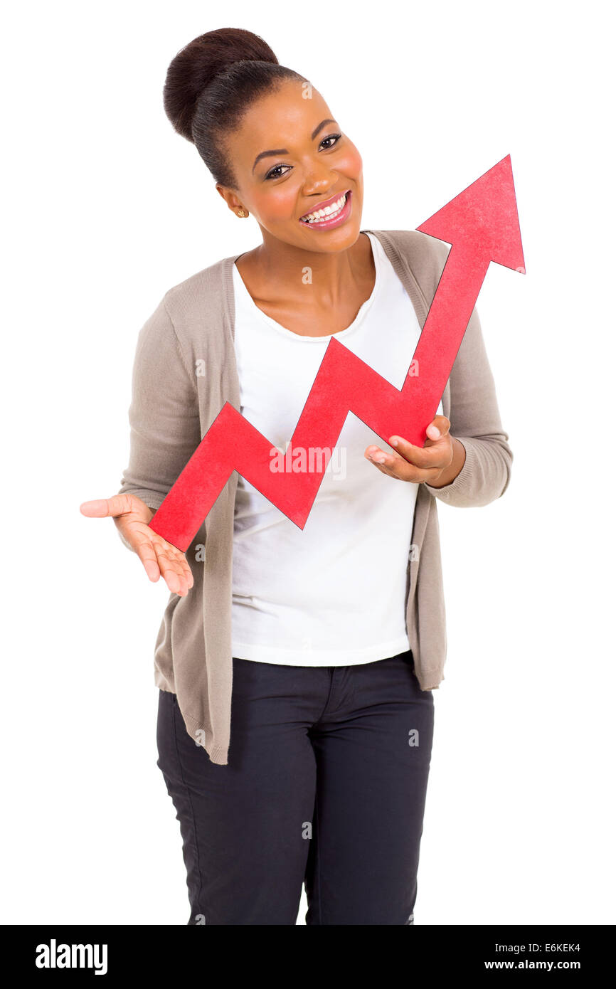 attractive black woman with red growth arrow isolated on white Stock Photo