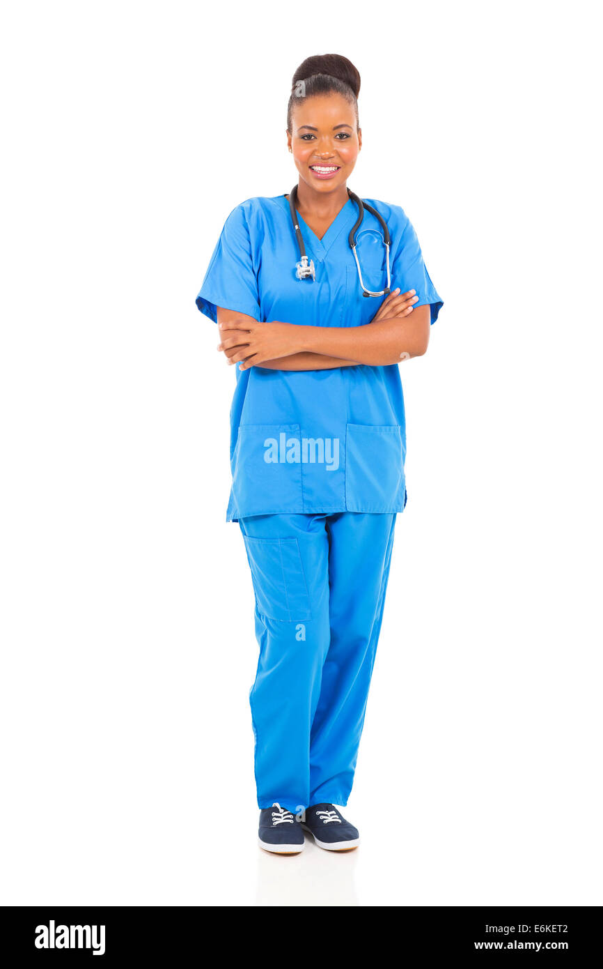 smiling African medical professional full length portrait isolated on white Stock Photo