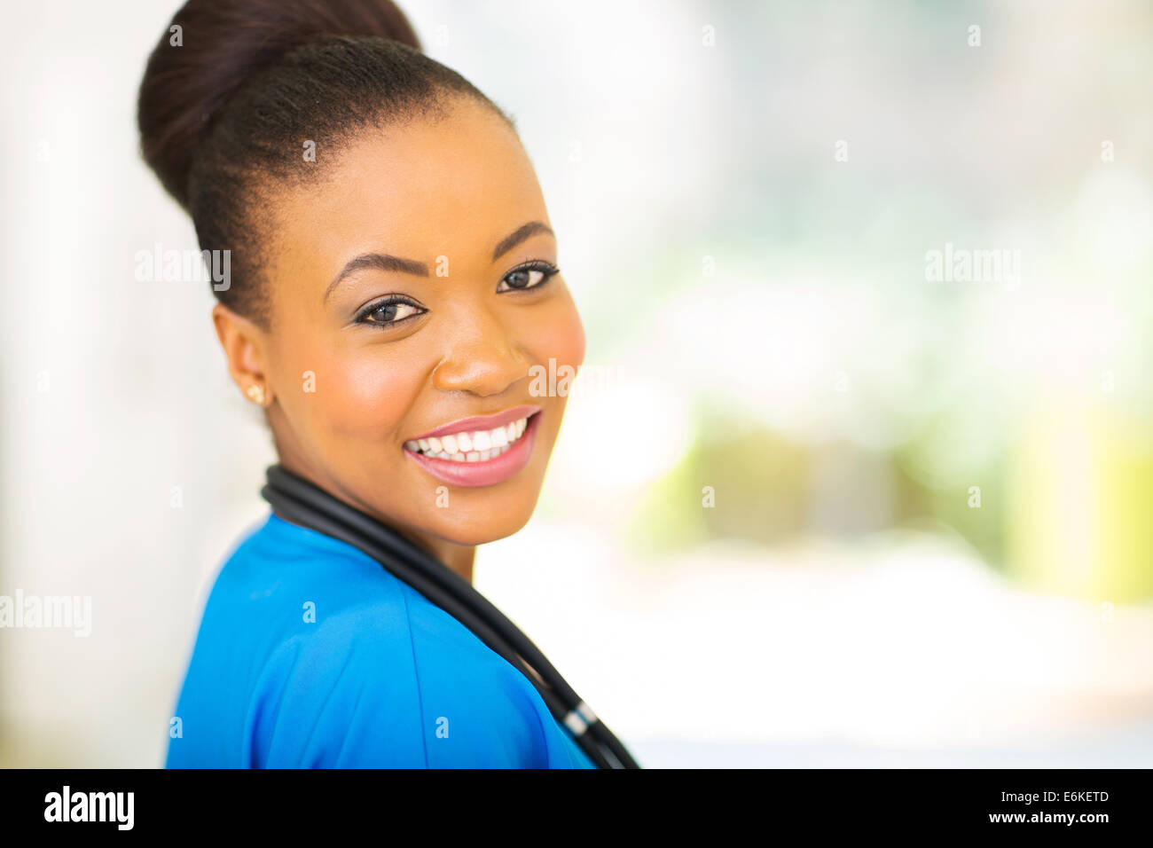 close up portrait of African female medical intern Stock Photo