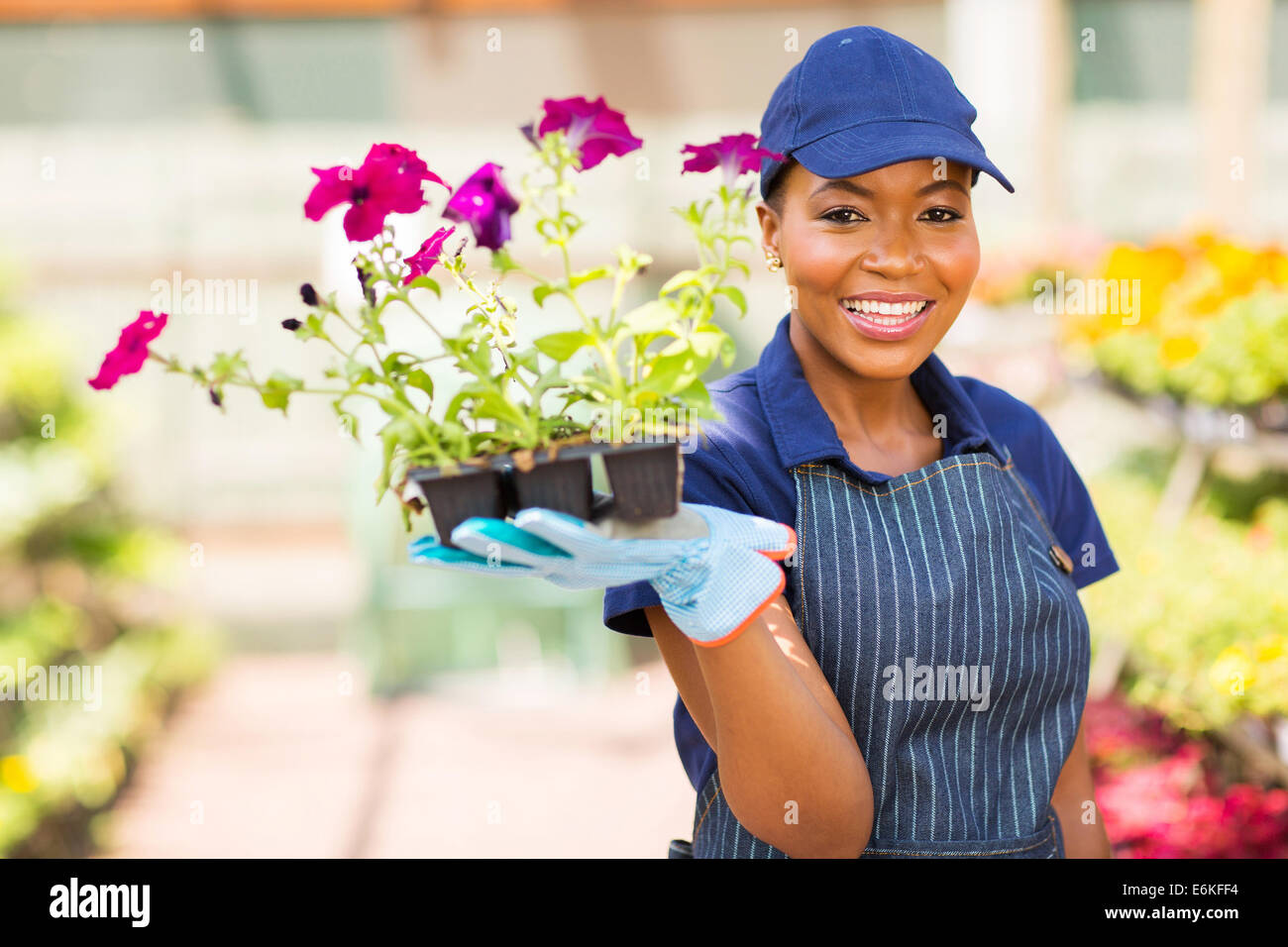 happy African nursery worker holding flowers in greenhouse Stock Photo