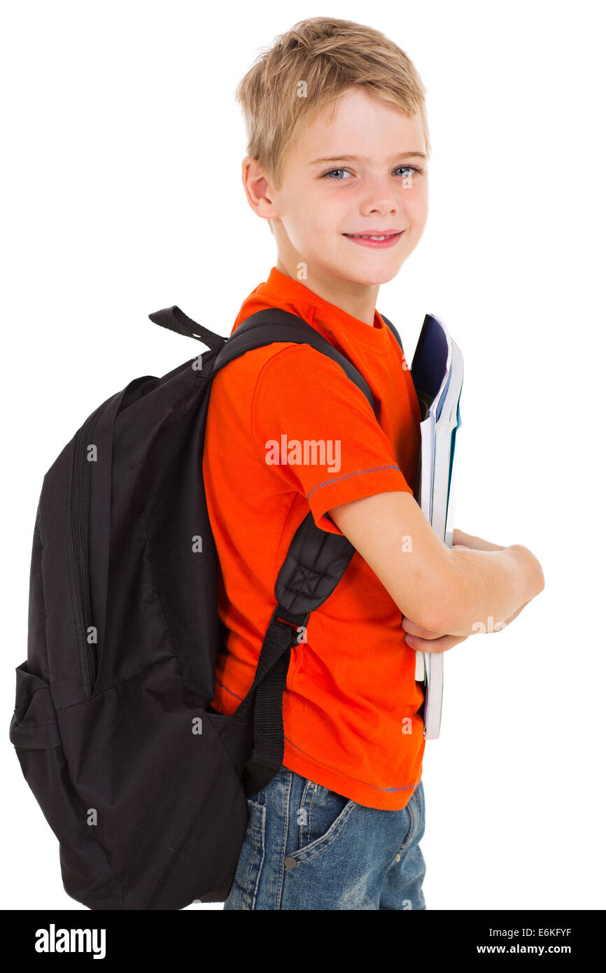 little schoolboy with schoolbag looking at the camera Stock Photo