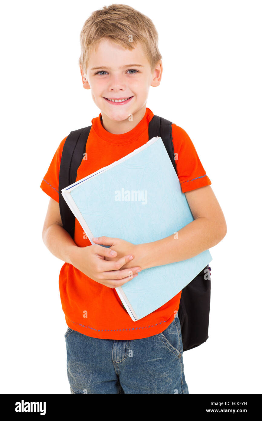 happy male elementary pupil holding books Stock Photo