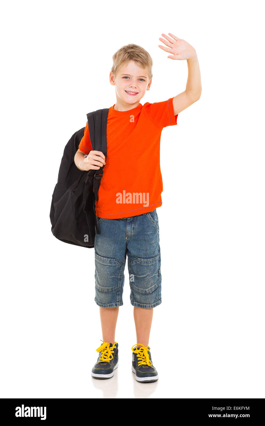 smiling schoolboy with backpack waving goodbye Stock Photo