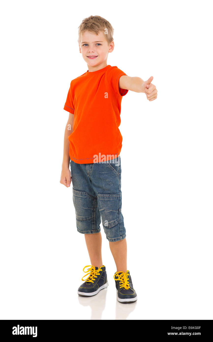 cute boy showing thumb up gesture on white background Stock Photo - Alamy