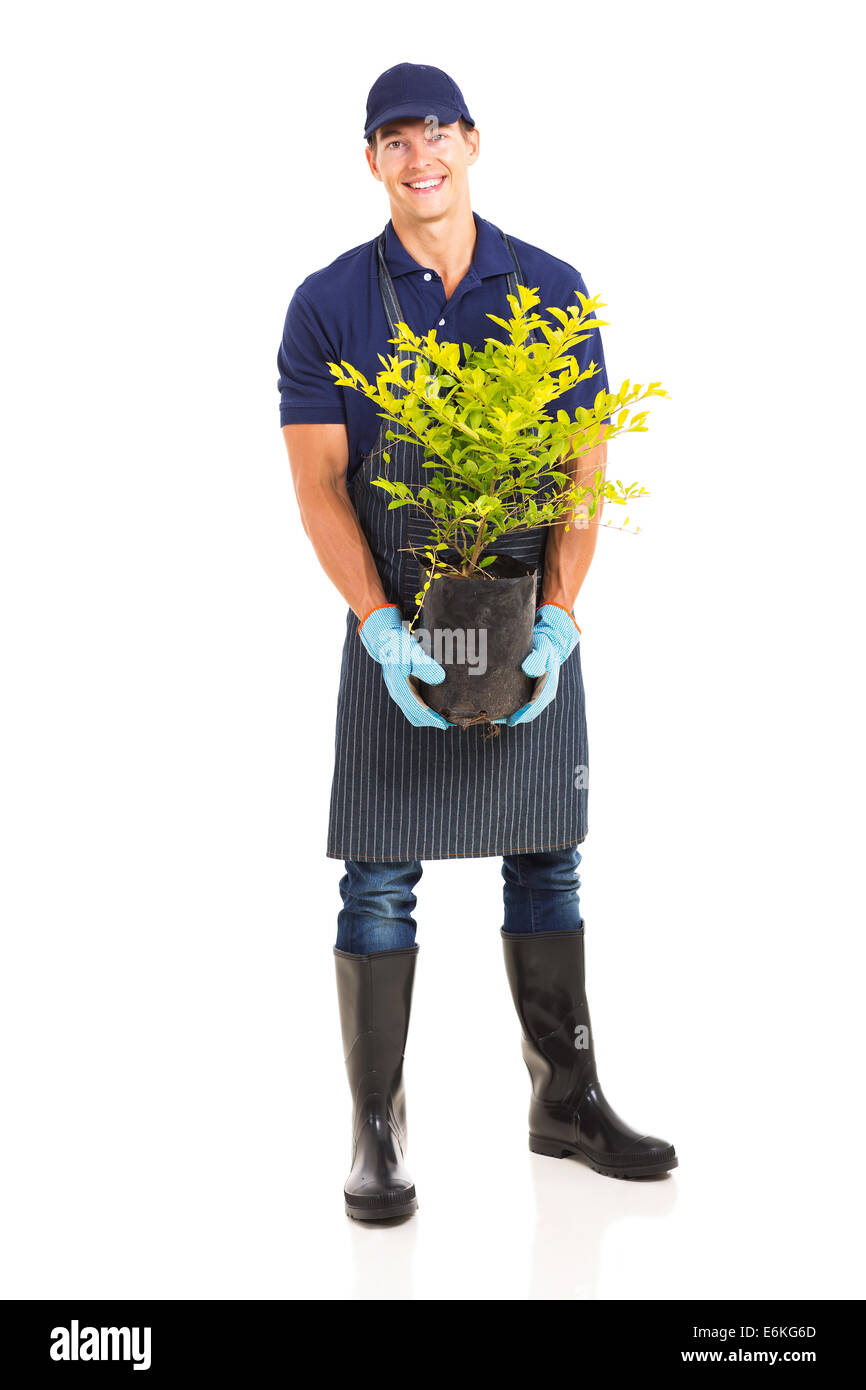 portrait of handsome gardener holding a plant on white background Stock ...