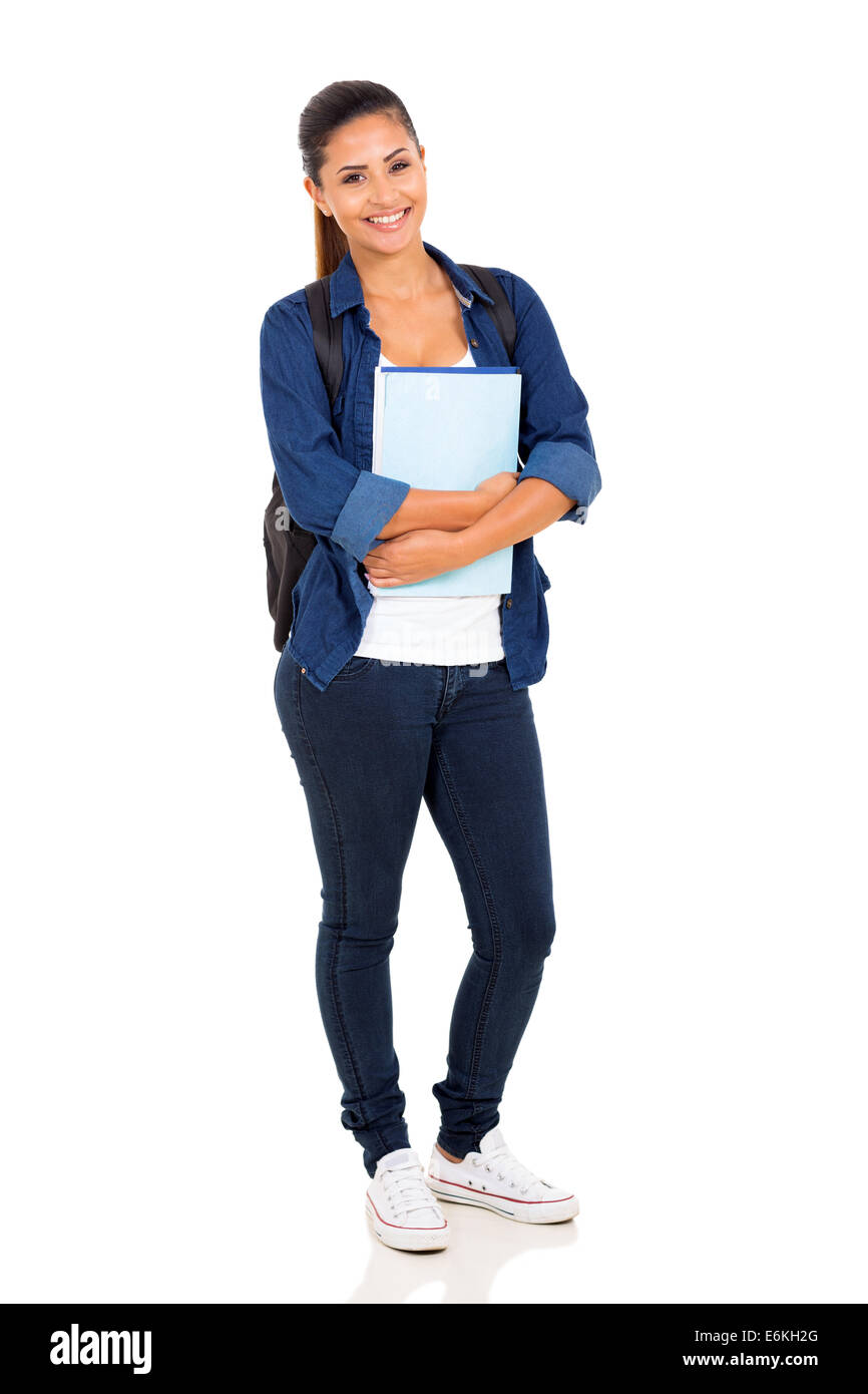 happy female college student on white background Stock Photo