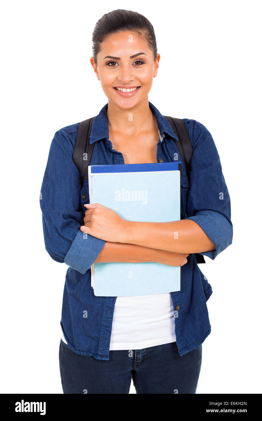 portrait of pretty female college student holding books Stock Photo