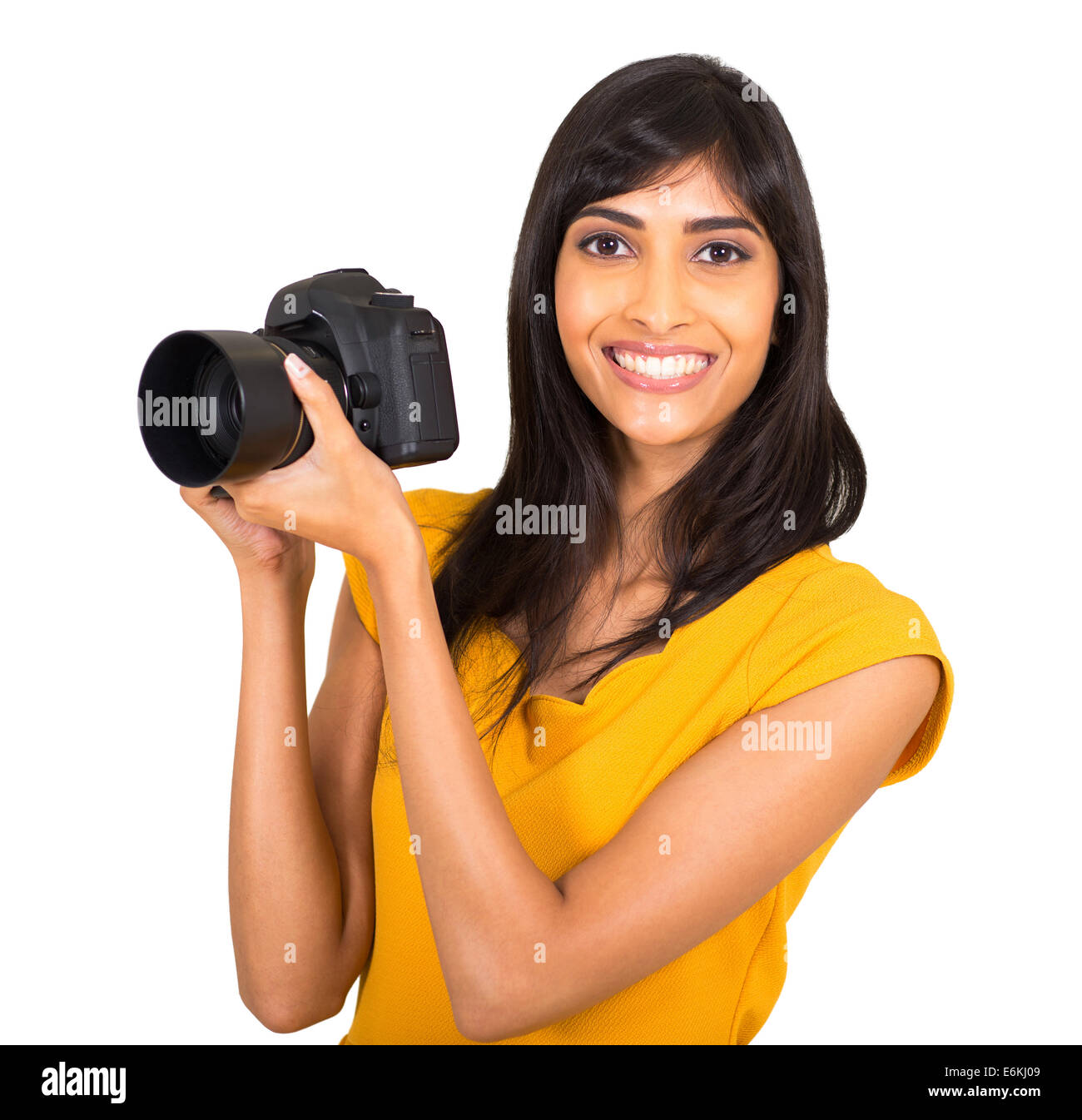 happy Indian female photographer with a dslr camera Stock Photo