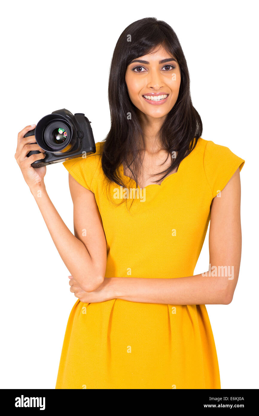 beautiful female photographer holding a dslr, camera isolated on white Stock Photo