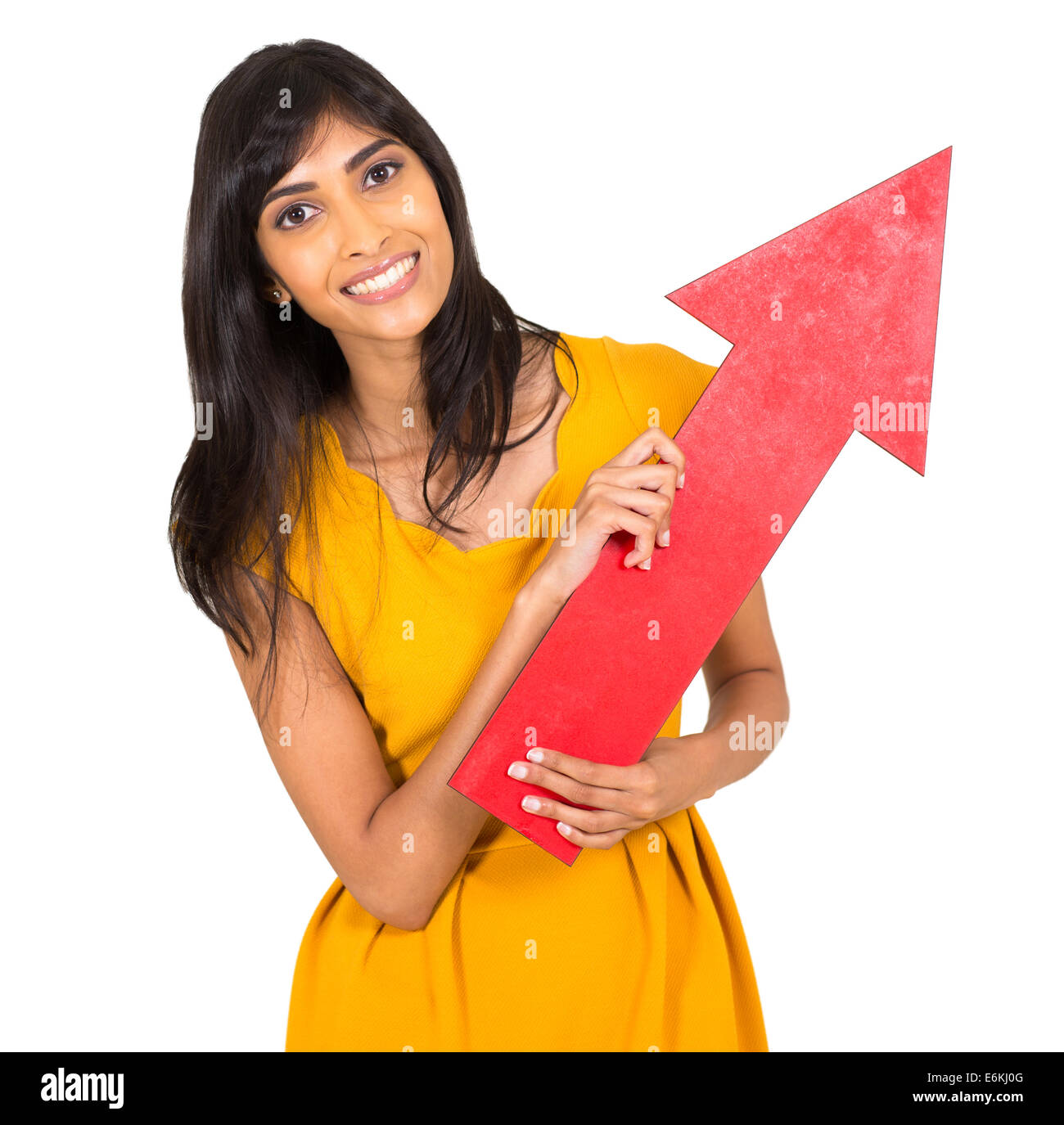 gorgeous young Indian woman holding red arrow pointing up Stock Photo ...