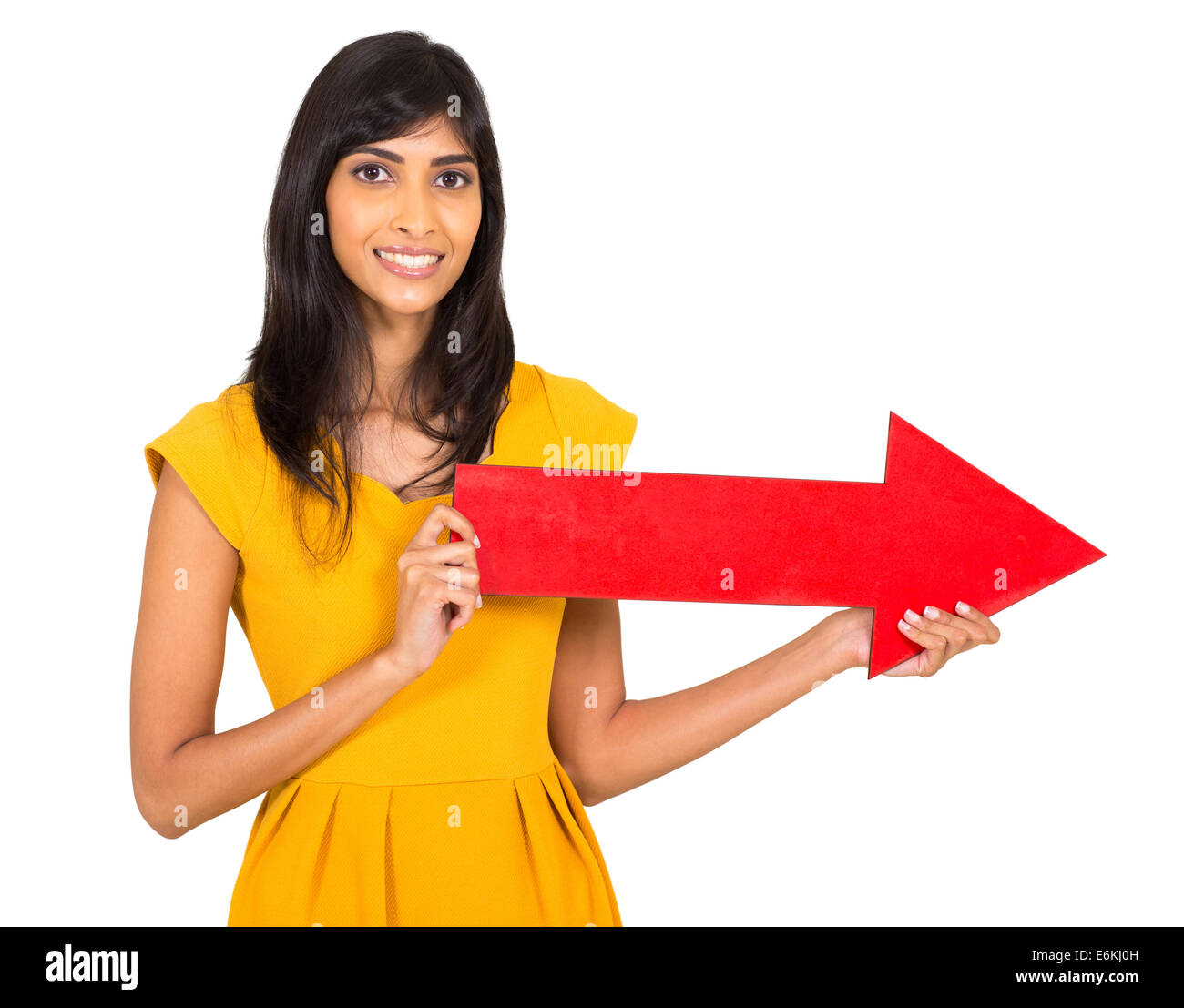 happy Indian woman holding red direction arrow on white background ...