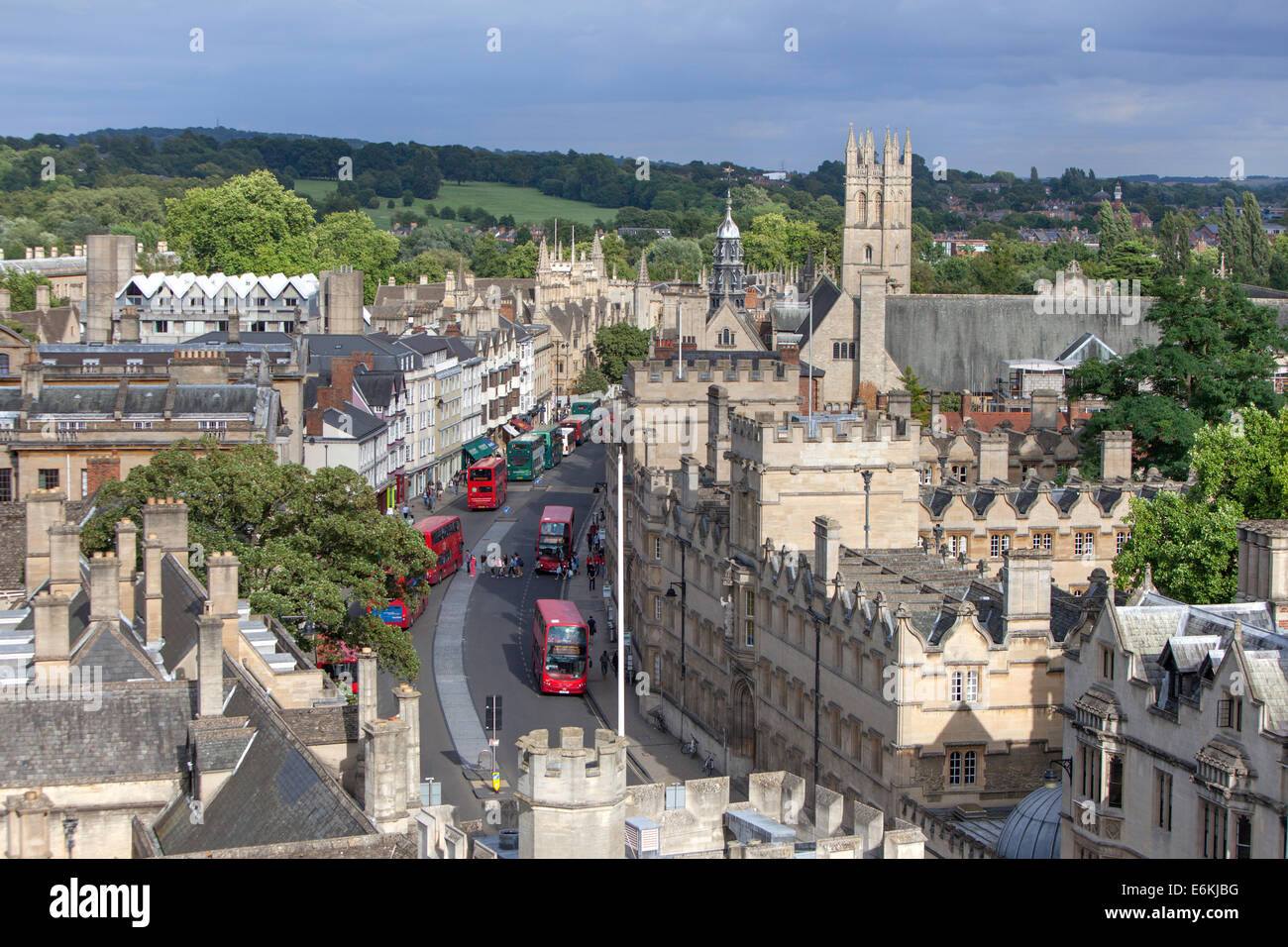 Looking down High Street towards Magdalen Collage Bell Tower, Oxford, England, UK Stock Photo