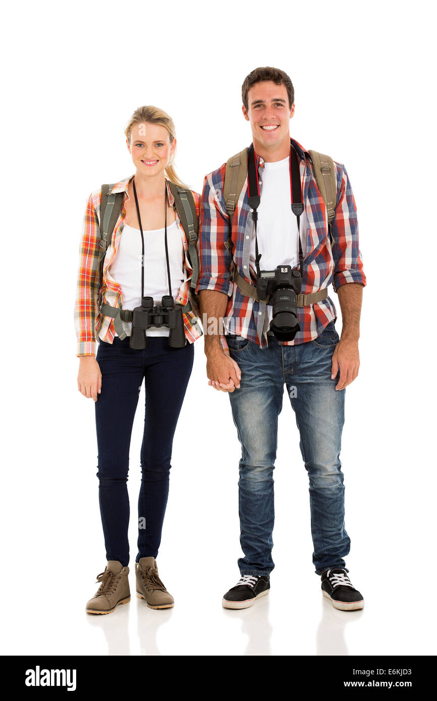 happy young hiker couple holding hands Stock Photo