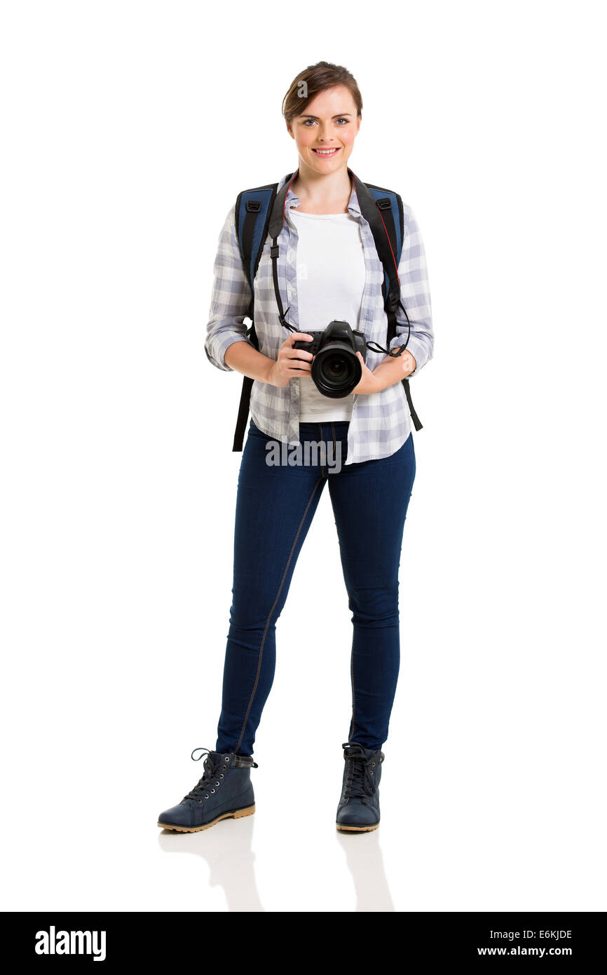 beautiful female tourist standing on white background Stock Photo