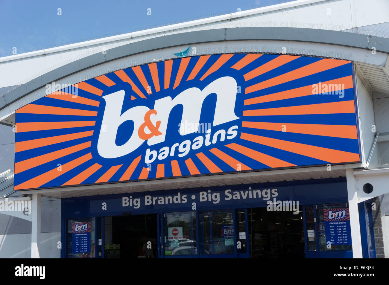 Sign over entrance to B&M Bargains shop, UK. Stock Photo
