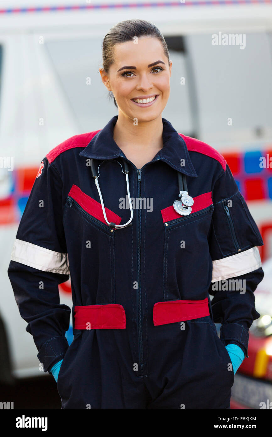 portrait of paramedic in front of ambulance Stock Photo