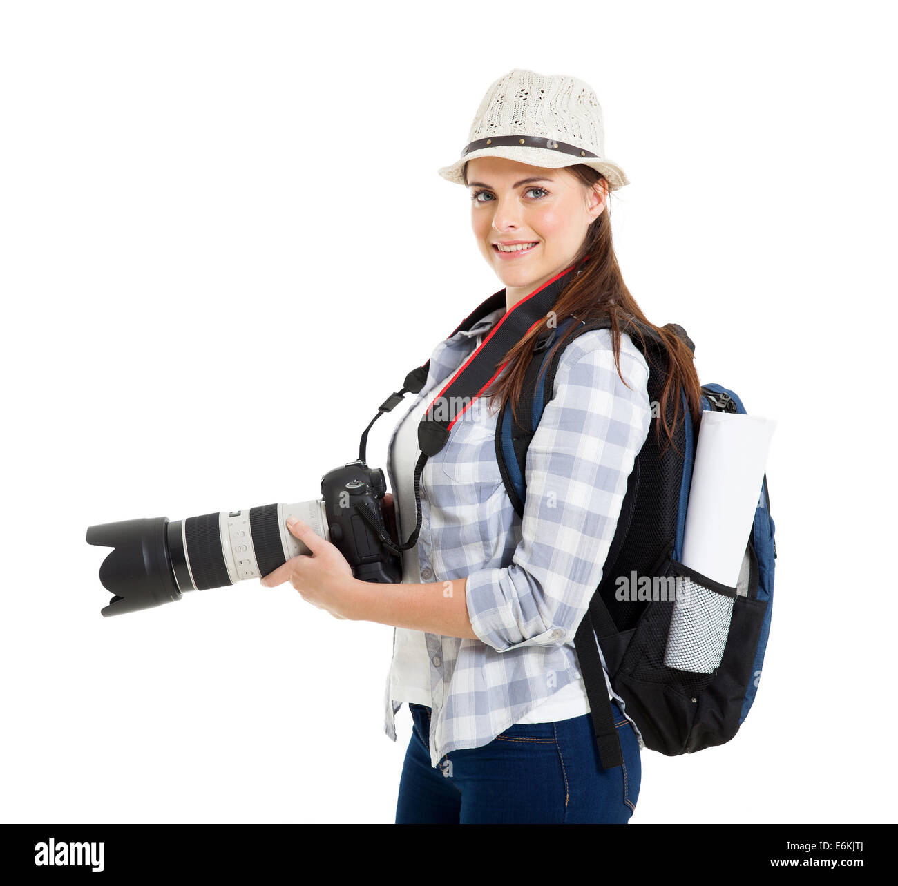 young woman holding dslr camera on white background Stock Photo - Alamy