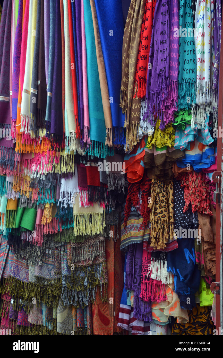 Colorful array of scarves for sale on Mott Street in Chinatown, Manhattan, New York City Stock Photo