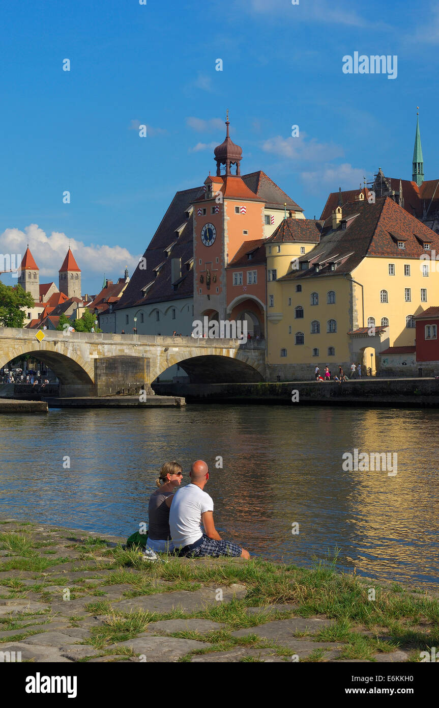 Regensburg, Stone bridge, Danube River, S. Peter Cathedral, Ratisbone. Upper Palatinate, Bavaria. Germany. Stock Photo