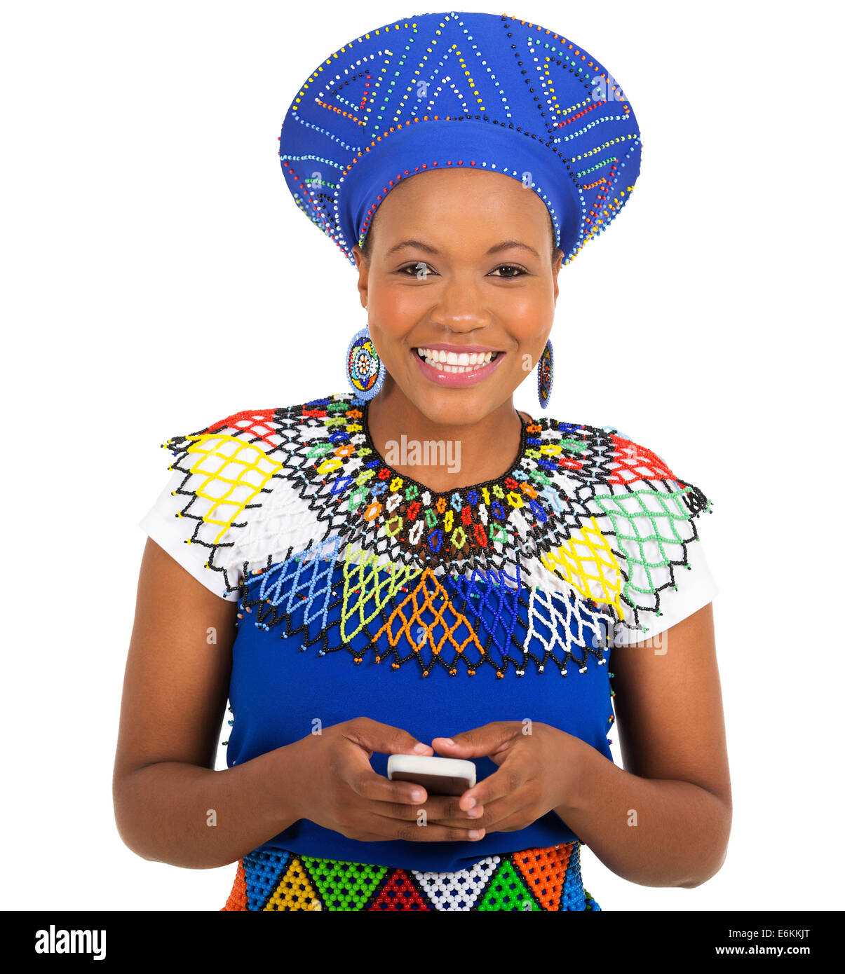 beautiful south African Zulu woman using smart phone on white background Stock Photo
