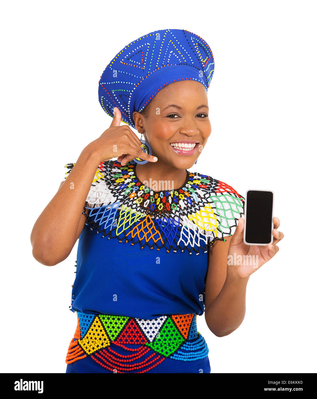 happy African woman doing call me sign and holding smart phone Stock ...