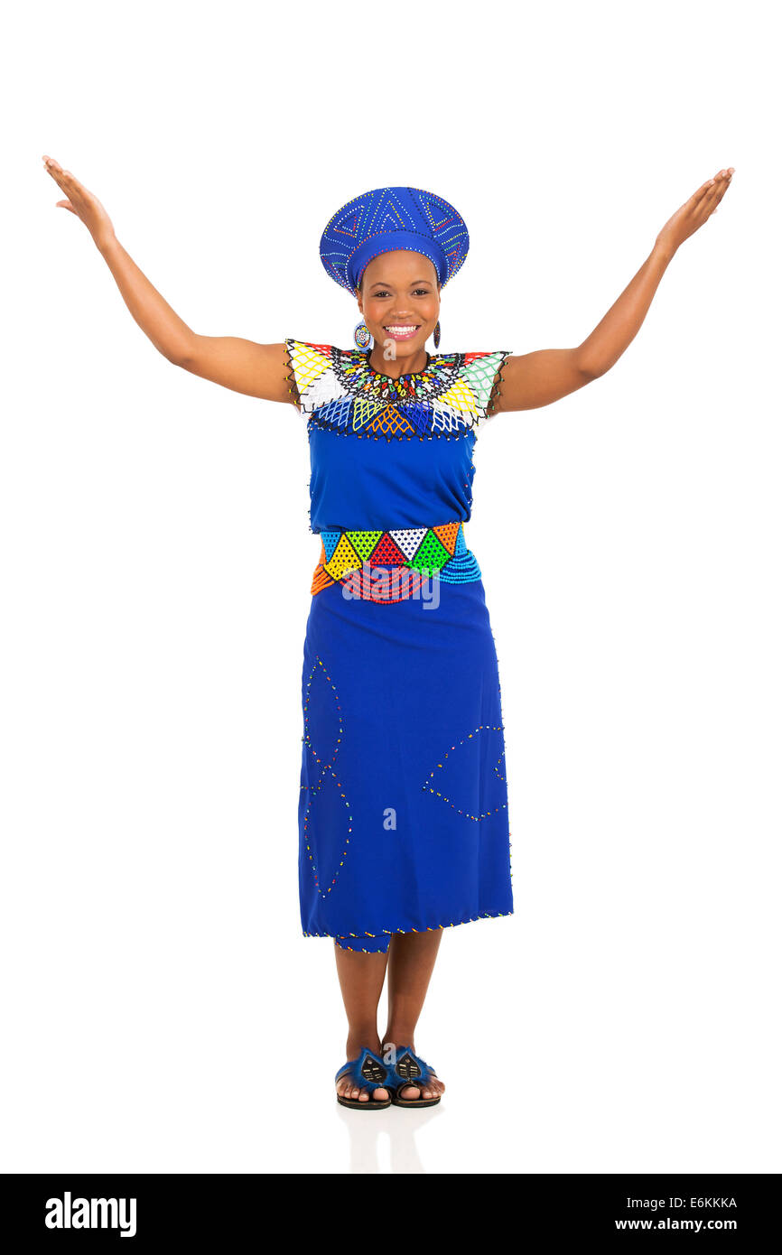 happy young black woman with arms open isolated on white Stock Photo