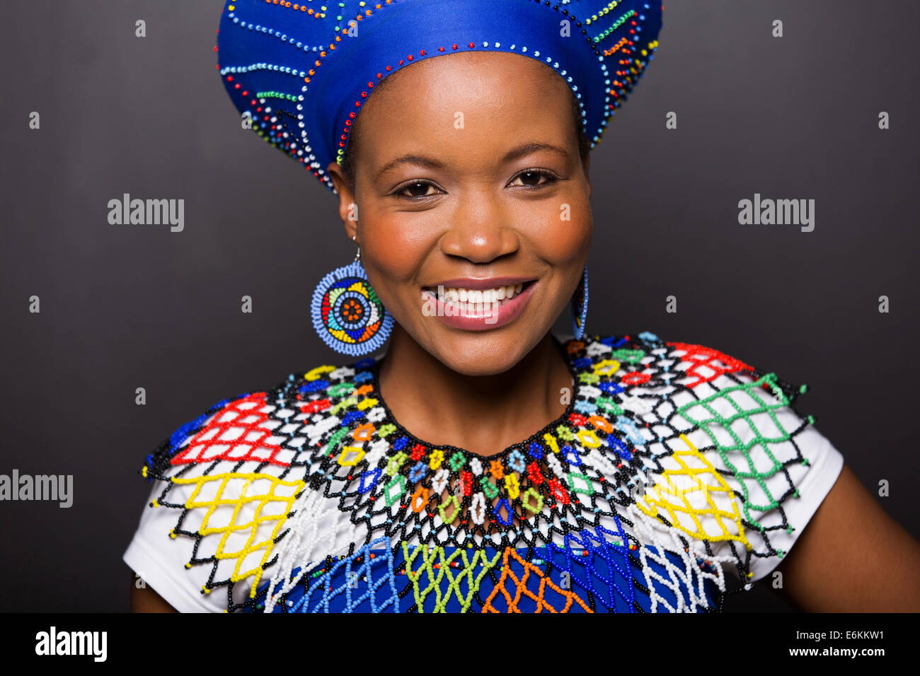 close up portrait of African zulu girl wearing traditional attire Stock Photo